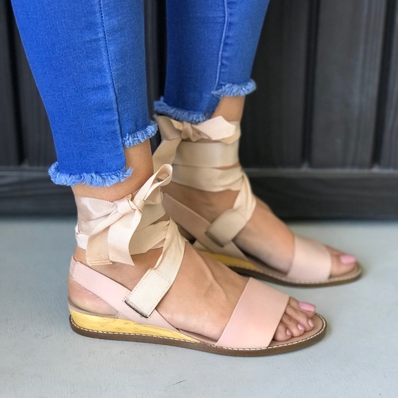Blush Ribbons Lace Up Micro Wedge Leather Sandal - Picture 2 of 6
